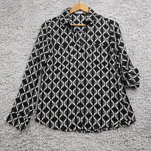 Express Portofino Women Dog Print Blouse Size Medium Roll Sleeve Slim Fit Office